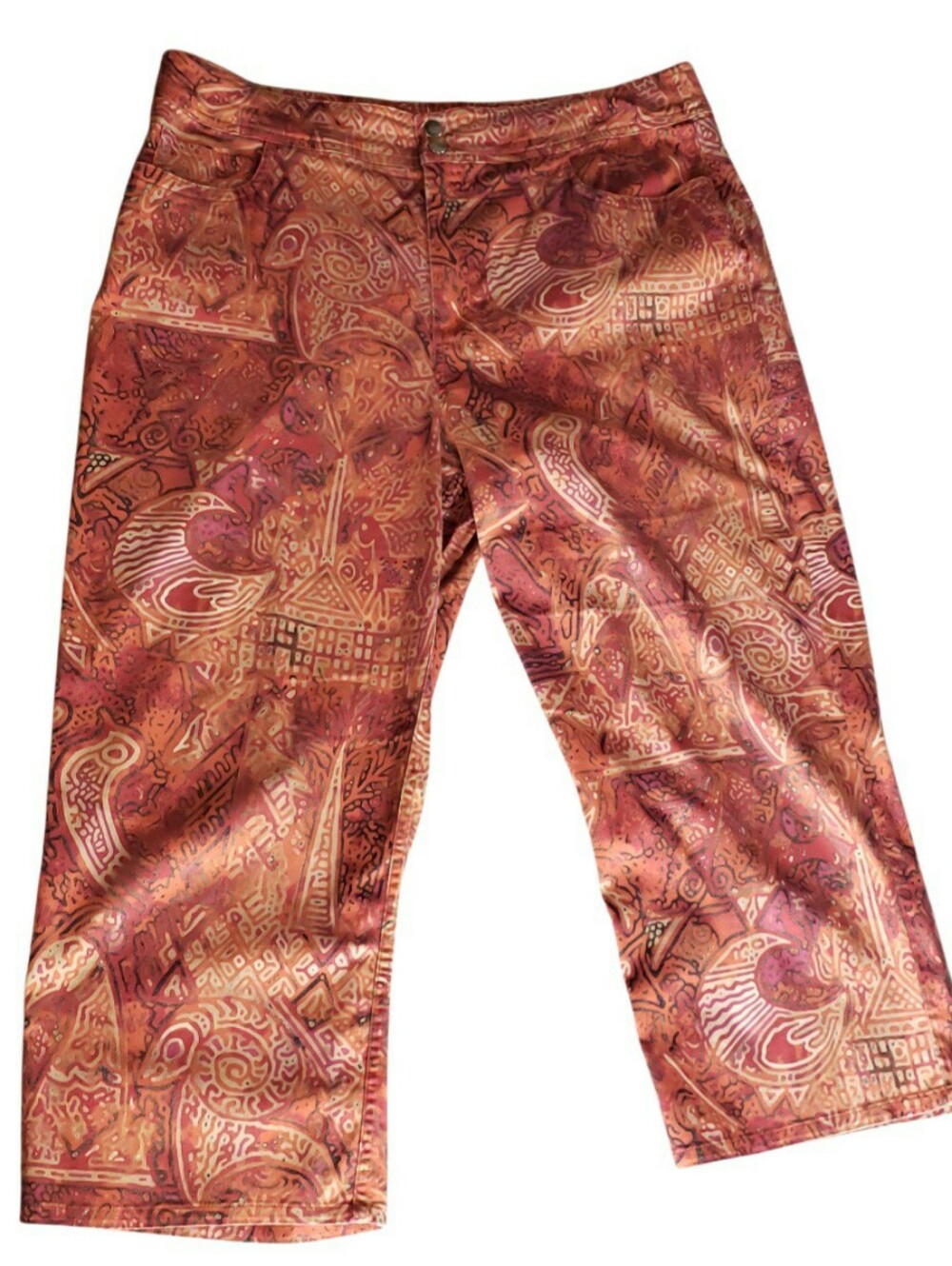 Chico's 12 Platnim Primative Tribal Paisley Orange Red Retro Cut & Print Capris